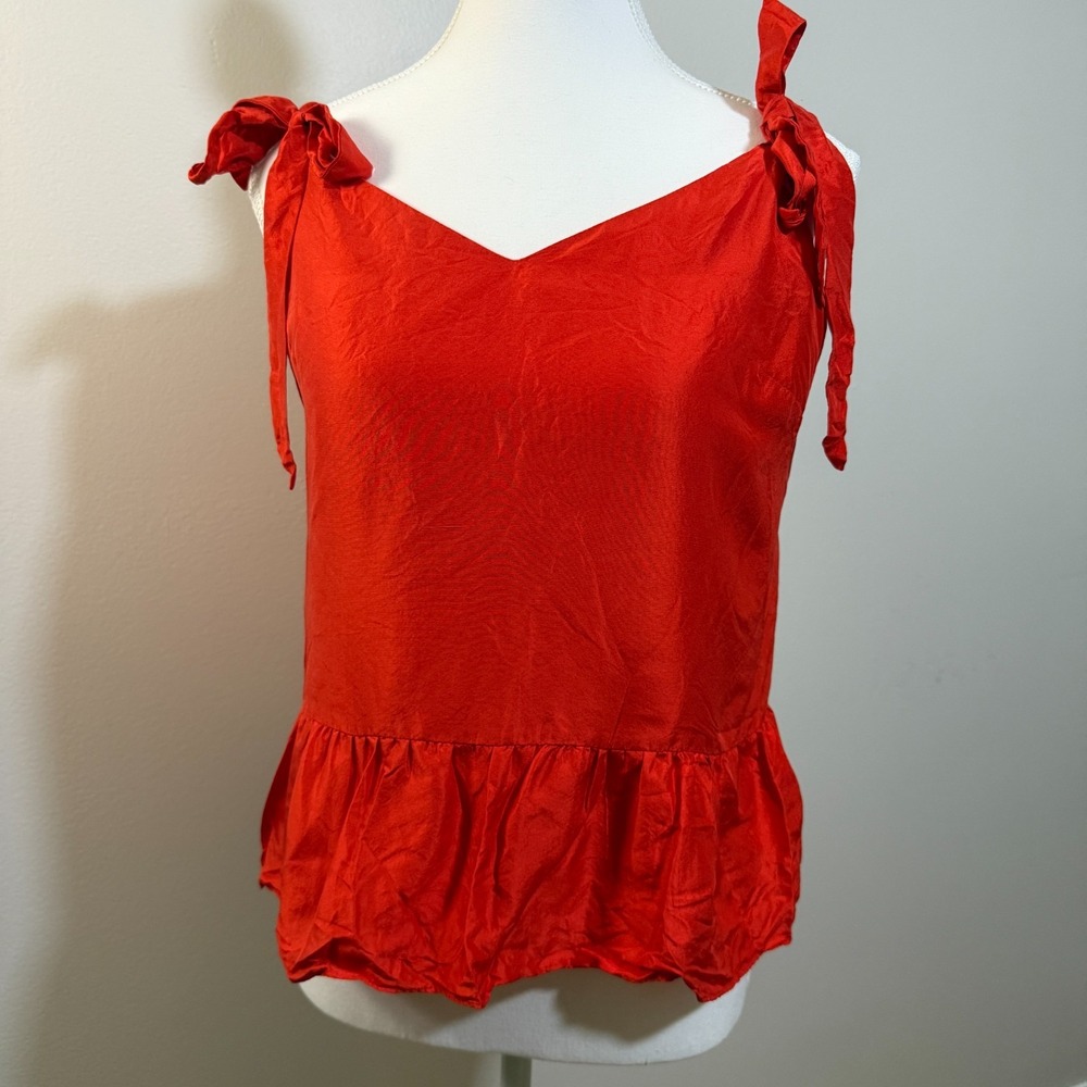 J Crew 100% Silk Tank‎ Top Women 4 Red Tie Strap Peplum Blouse